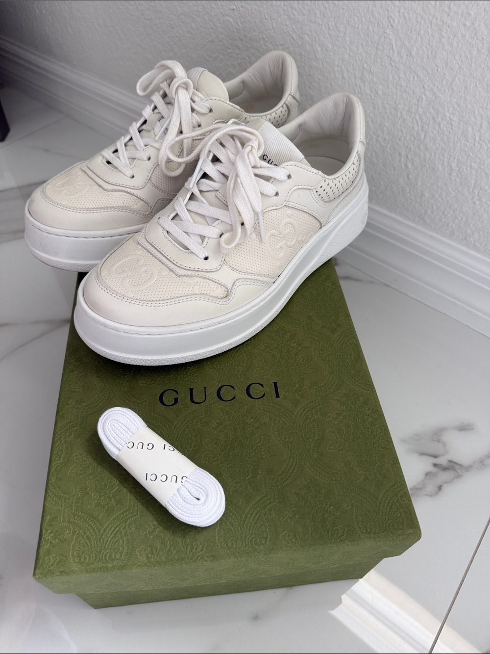 Gucci GG Embossed White Leather Platform Sneakers